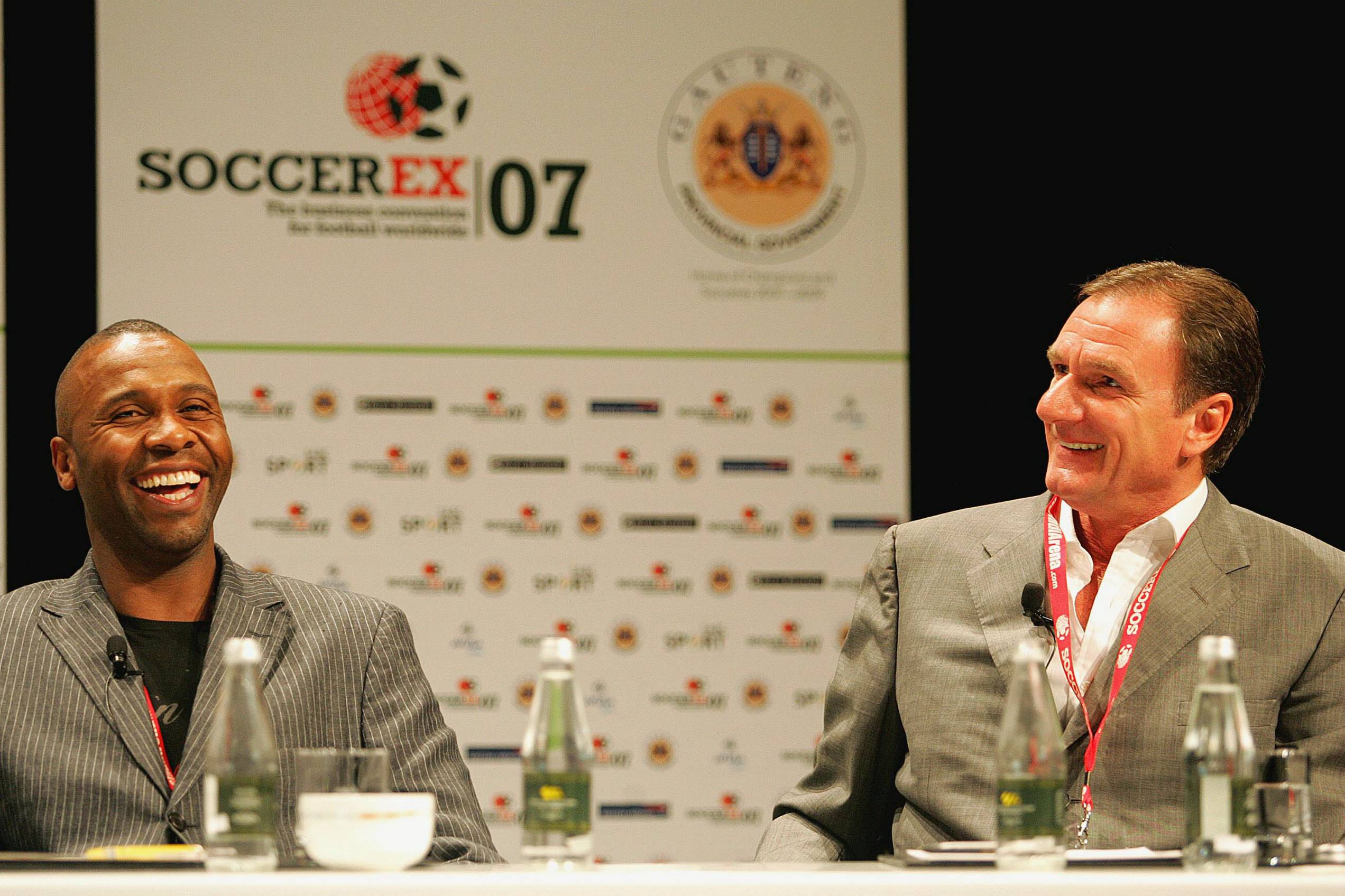 Soccerex 2007 SANDTON, SOUTH AFRICA - NOVEMBER 28: Former Leeds United captain Lucas Radebe and Phill Thompson, formerly of Liverpool during day 4 of the SoccerEx at Sandton Convention Centre on November 27, 2007 in Sandton, South Africa. (Photo by Lefty Shivambu/Gallo Images/Getty Images)